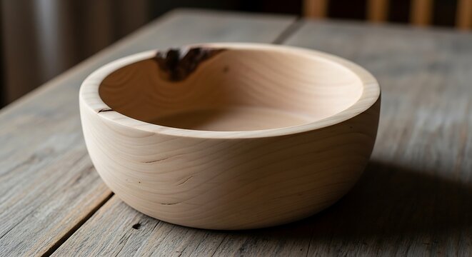 Handcrafted wooden bowl showcases artistry on weathered table surface