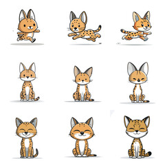 Set Cute Kawaii Serval Wild Animal