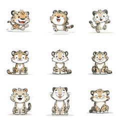 Set Cute Kawaii Snow leopard Wild Animal