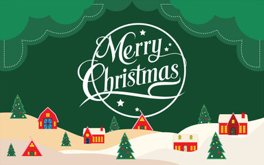 Green Merry christmas greeting card banner paper art style with snowy winter landscape red village and forest scene for holiday celebration