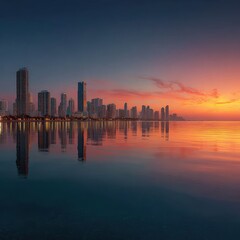 City skyline reflecting in water at sunset with vibrant colors.