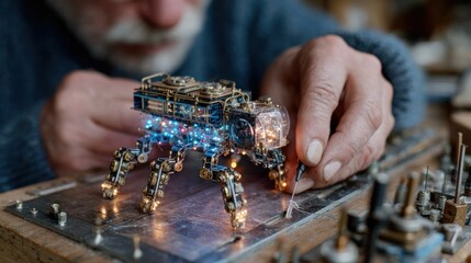 Close up of a craftsman assembling a detailed steampunk robot model with glowing lights.