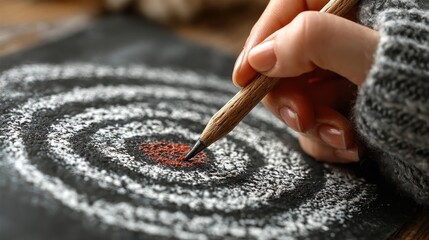 Close up of a hand drawing a spiral pattern with charcoal on black paper.