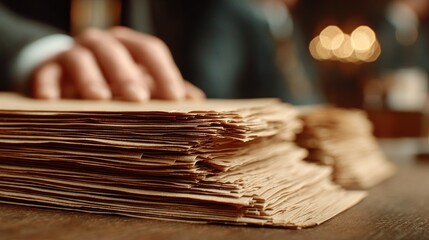 Close up of a hand reaching for a stack of matzah bread on a wooden table.