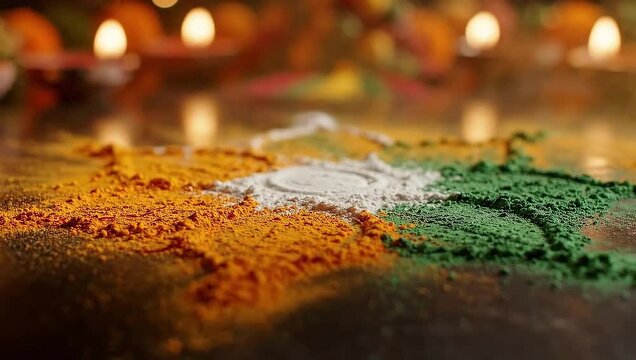 Indian Flag Colors Rangoli Design with Festive Diyas Celebrating Culture