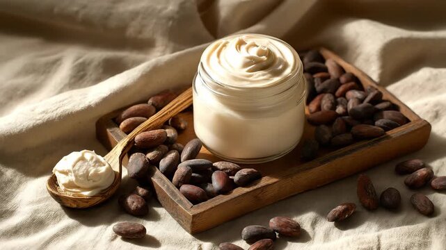 A glass jar of creamy cocoa body butter placed on a rustic wooden tray, surrounded by scattered glossy cocoa beans, and a small wooden spoon with a creamy adds a tactile on a linen fabric