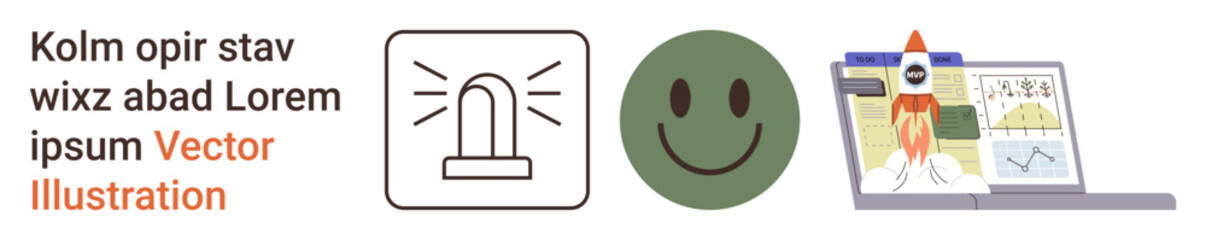 Fototapeta premium Education, innovation, safety, tech advancements, warning systems, exploration. happy face, signal icon and laptop with rocket graphics. Education and innovation by these connected elements