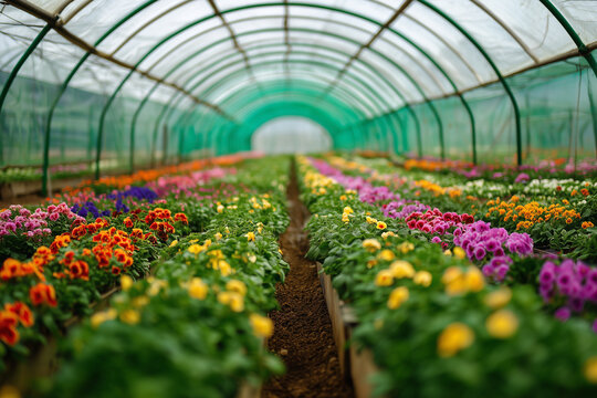 Colorful flowers blooming in rows inside a greenhouse during daylight