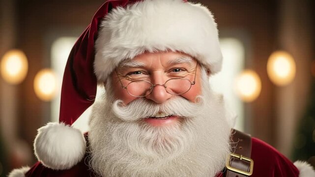 Santa Claus smiling warmly with soft focus background at Christmas  