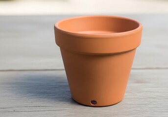 Earthenware flowerpot, simple object of orange color, on weathered wood