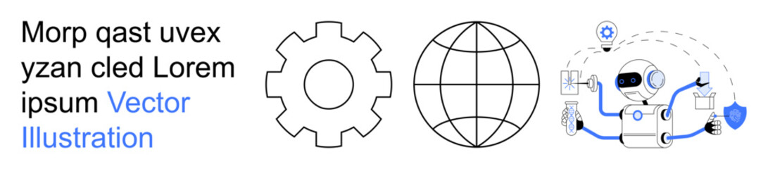 Artificial intelligence, global networking, automation, robotics, technology integration, digital systems. Gear, globe and robot illustration. Artificial intelligence and global networking concepts