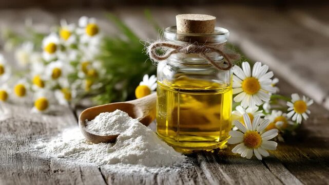 Olive oil in transparent bottle, chamomile, valerian root flower, white powder on wooden table