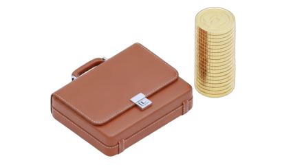 Brown Leather Briefcase and Golden Cylindrical Object on Transparent Background symbolizing Business and Finance Isometric View