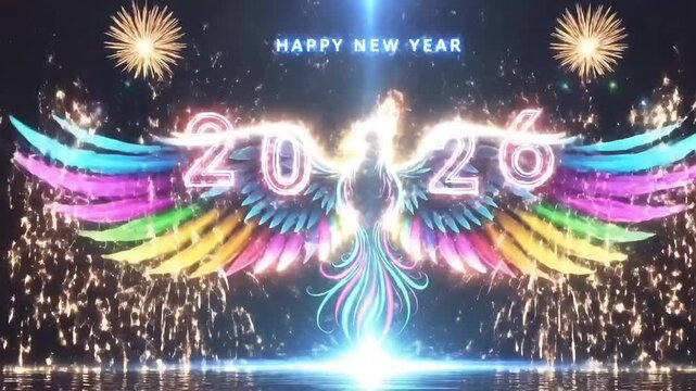 Phoenix sequence with vibrant neon wings forming a glowing new year scene as radiant color light shapes the number celebration in animated motion graphic style creating festive commercial holiday 