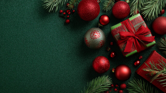 Festive Christmas Banner with Red Gifts and Green Background