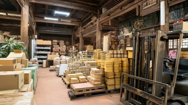 Inside a warehouse products are neatly arranged in organized rows