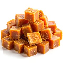 A close-up view presents a pile of caramel-colored, cubed treats, stacked atop one another on a white surface. The soft candies look delicious