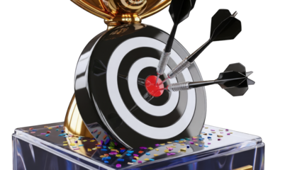 Golden Trophy With Darts Hitting Bullseye On A Black And White Target Surrounded By Confetti On A Transparent Background
