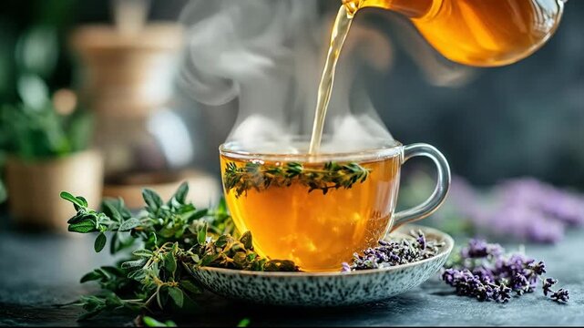 Pouring herbal tea into a glass cup with thyme and lavender. Healthy beverage concept.