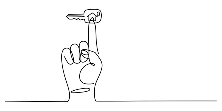 Continuous line art of a hand's index finger balancing a house key with a home icon, symbolizing property ownership and secure real estate. Vector, illustration