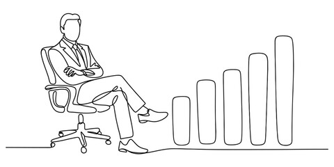 Continuous line drawing of a businessman sitting on an office chair, observing a rising bar graph, symbolizing business growth, success, and progress. Vector, illustration