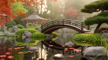 A serene Japanese garden landscape with a traditional wooden bridge arching over still water