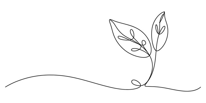 Continuous line drawing of a minimalist plant sprout with two leaves, symbolizing organic growth, ecology, and nature's simplicity. Vector, illustration