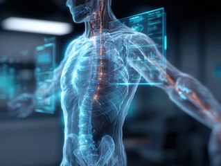 Futuristic body scan shows digital spine and chest. Transparent interface displays medical data.