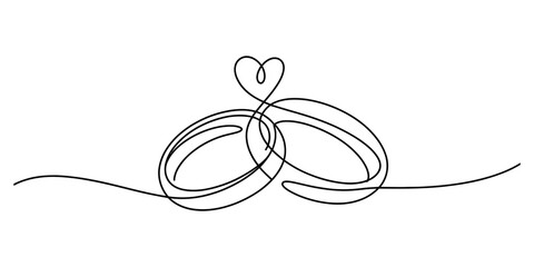 Continuous line art drawing of two intertwined wedding rings elegantly forming a heart shape, symbolizing enduring love, marriage, and eternal commitment. Vector, illustration