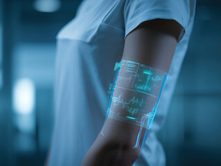 Futuristic smartwatch shows heart rate data. Blue hologram glows above the wrist.