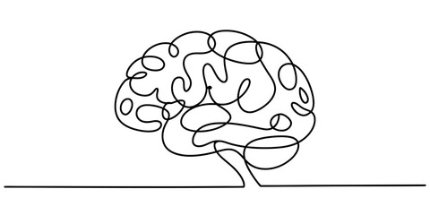 Single continuous line art drawing of a human brain, symbolizing thought, creativity, intelligence, and innovative ideas on a clean background. Vector, illustration