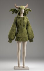Mannequin wears colorful dragon-themed knit sweater. Outfit includes horns, wings, and big eyes.