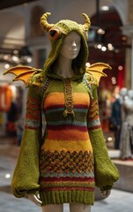 Mannequin wears colorful dragon-themed knit sweater. Outfit includes horns, wings, and big eyes.
