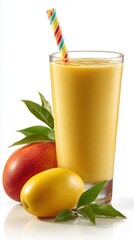 Mango smoothie in glass with fruits
Colorful straw and leaves beside drink