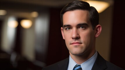 A confident financial advisor in formal attire, softly lit in a professional office environment. pitch deck slides, case study pages, designed for brand storytelling and e-commerce strategy.
