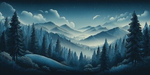 Mountain peaks with snow and trees. Clouds float in the blue sky.