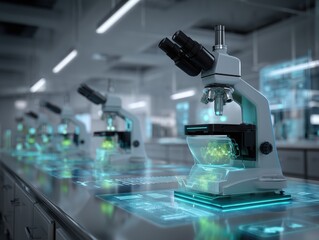 Modern lab with glowing microscopes
Digital screens show green cells and data