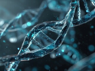 Digital DNA strand glows in blue light. Structure floats in a futuristic dark space.
