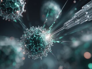 Needle touching virus cell
Green spikes glow in dark space