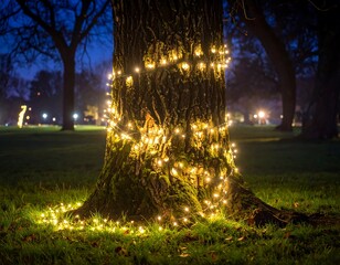 Illuminated tree trunk in a park at night with string lights