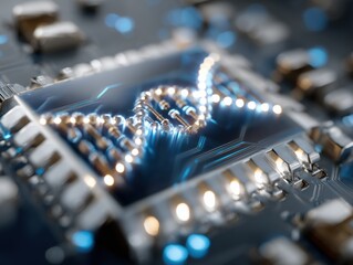 Digital DNA strand glows in blue light. Structure floats in a futuristic dark space.