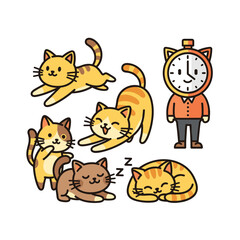 Fototapeta premium Cartoon sleeping and playful cats with clock figure