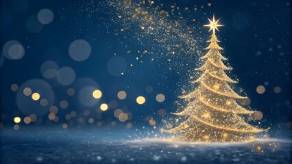 Abstract christmas tree forming from golden particles on a dark blue background with bokeh and copy space 
