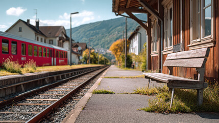 Pessimistic outlook wooden bench at quiet rural train platform autumn mountain view inviting yet lonely