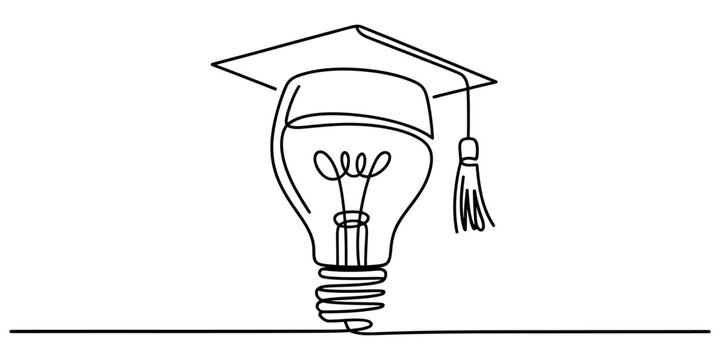 Conceptual continuous line art: a bright light bulb adorned with a graduation cap, signifying knowledge, wisdom, and academic achievement. Vector, illustration