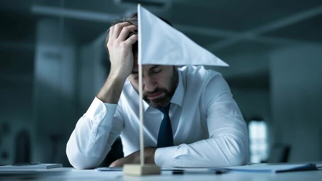 Depressed businessman holding and raise up small white flag for give up while sitting at office