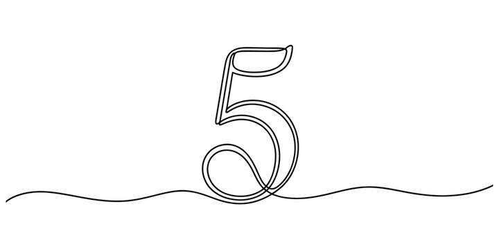 Continuous line drawing of number five digit with a flowing, minimalistic, and modern aesthetic on a pristine white background Vector, illustration