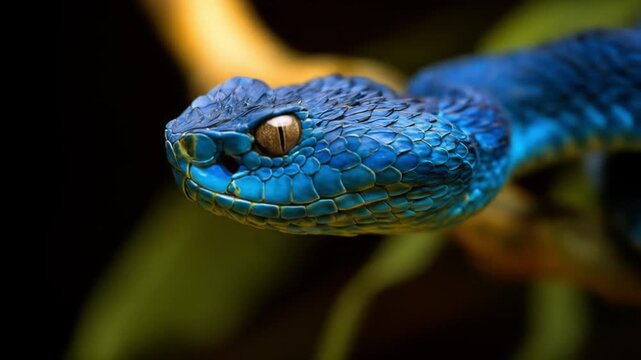 Close-up of a cobalt blue viper head, textured scales, amber eye, venomous gaze, vivid detail colors