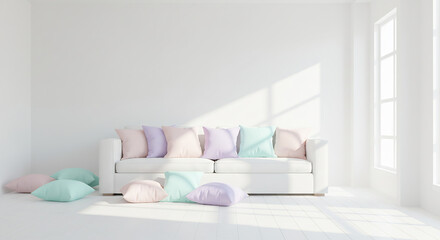 Bright sunlit minimalist white room featuring a sofa adorned with soft pastel cushions and geometric shadows.. AI Generated