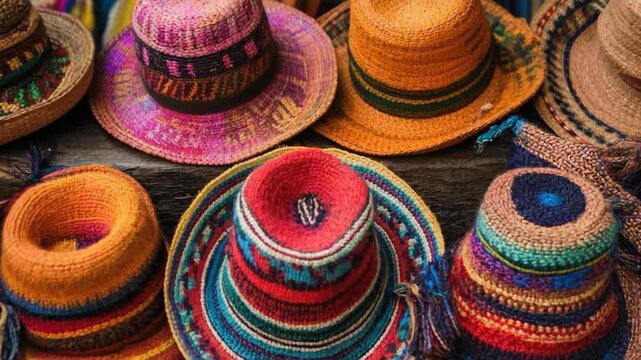 Colorful assortment of traditional Andean hats on display, showcasing local craftsmanship.